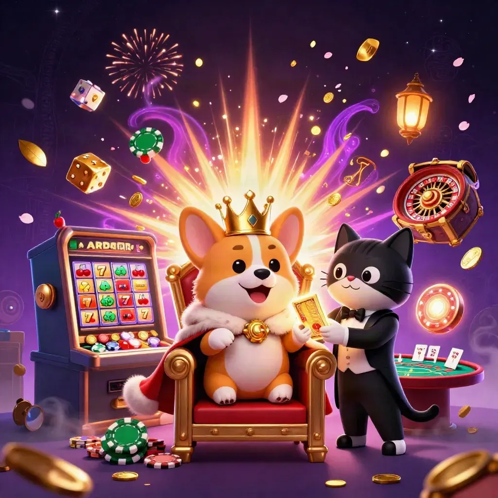 Corgi coroado e gato mordomo cercados por jackpot, moedas, cartas e luz neon.