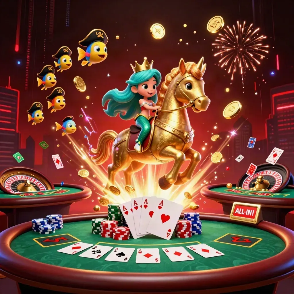Sereia princesa em seahorse dourado cercada por moedas, cartas, roleta e luz neon.
