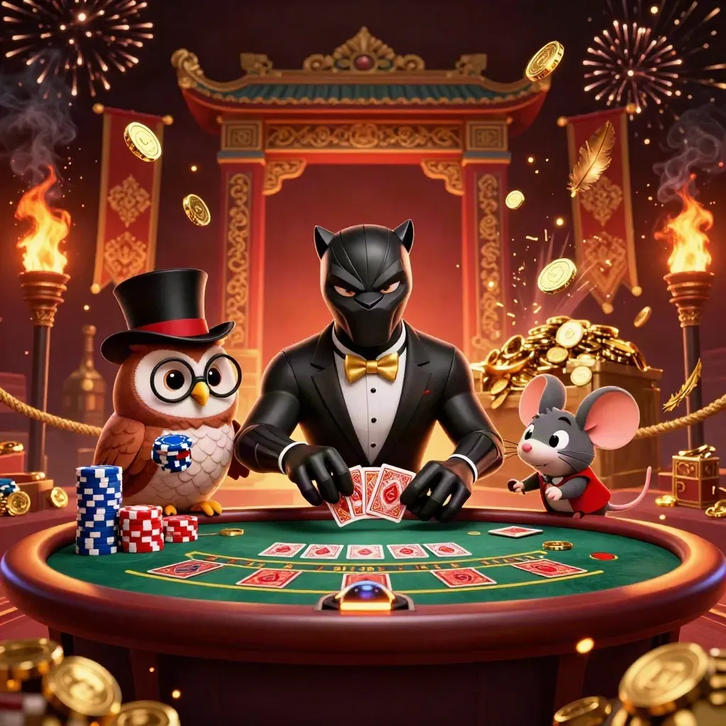 Pantera tuxedo, coruja e rato cercados por moedas, fogo e cassino neon luxuoso.