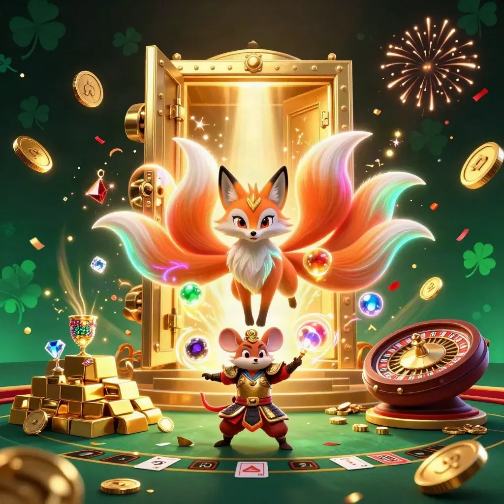 Raposa espiritual neon e rato samurai cercados por ouro, fichas e fogos de artifício.
