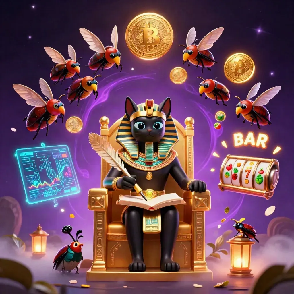Gato faraó em trono dourado, escriba íbis e escaravelhos com moedas neon.