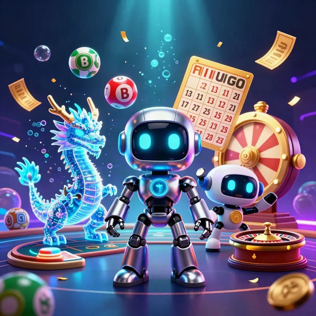 Robô cyberpunk, dragão holográfico e prêmios de cassino em neon dourado e azul