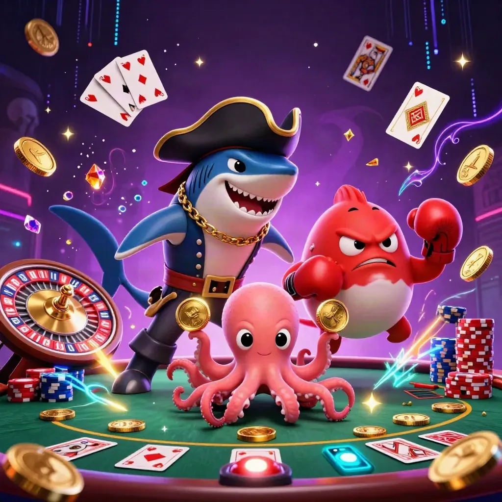 Tubarão pirata, baiacu boxeador e polvo bebê cercados por moedas e luz neon.