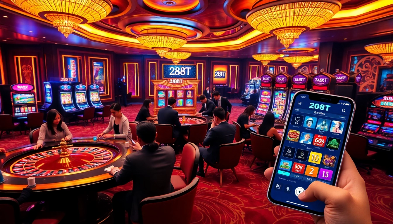 Players enjoying the thrilling casino experience at 288T with poker tables and slot machines.