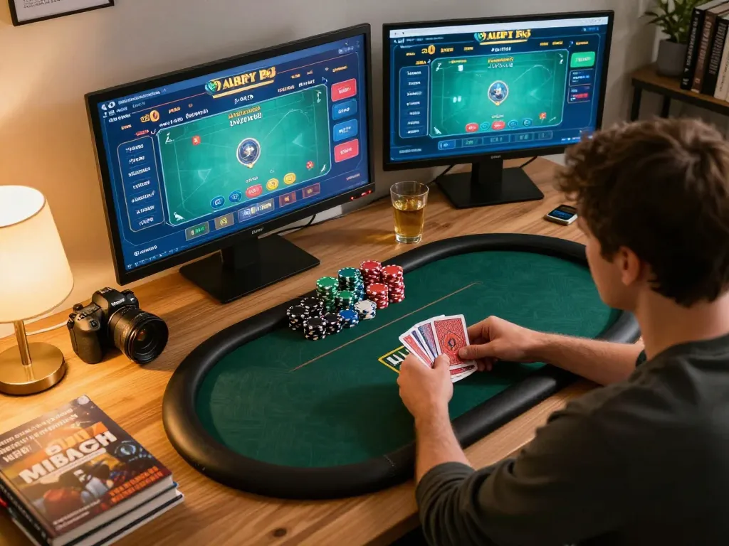 Player managing cards during a strategic online poker session at home with uu88 casino interface visible.