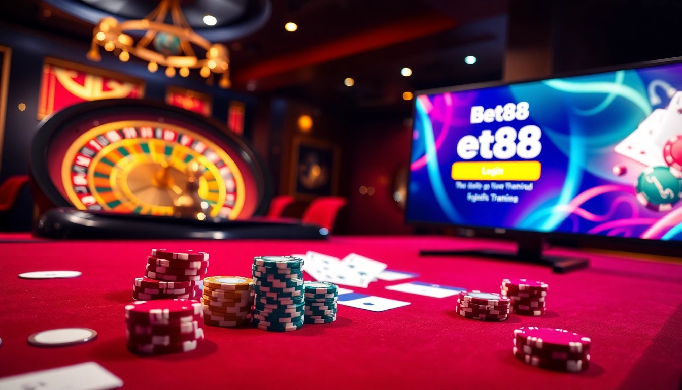 Bet88 đăng nhập interface displayed on a luxurious casino table with cards and chips.