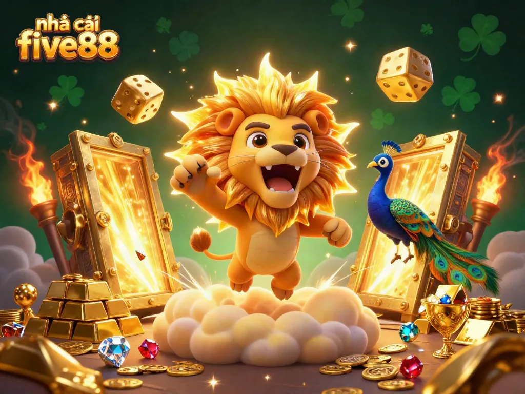 Engage with nhà cái five88 in a vibrant casino atmosphere featuring a roaring lion and golden elements.
