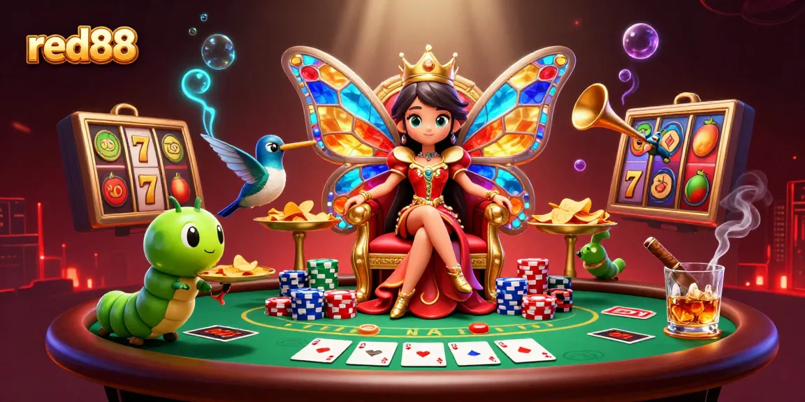 Experience the excitement of red88 with a vibrant, richly detailed 3D illustration of a butterfly queen and casino elements.