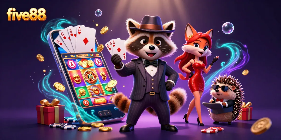 five88 showcases thrilling gameplay with a raccoon in a suit and stylish companions at a colorful casino.