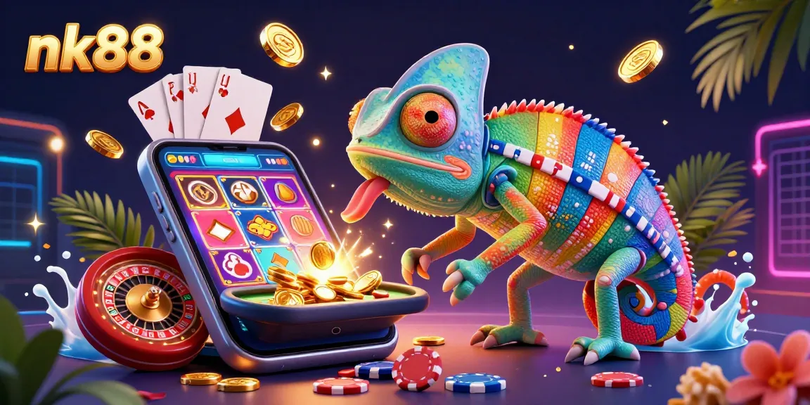 Experience nk88 with a vibrant illustration showcasing a chameleon casino owner catching golden coins among dynamic gaming elements.
