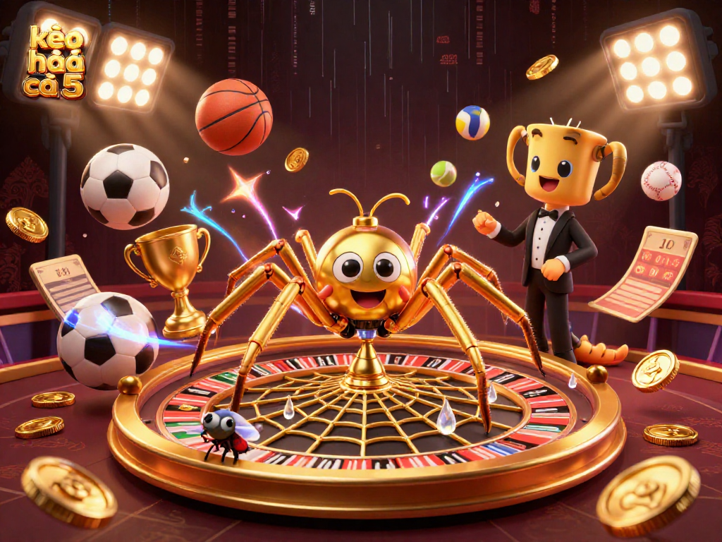 Place bets with kèo nhà cái 5 amid a vibrant casino scene featuring a spider and a centipede.