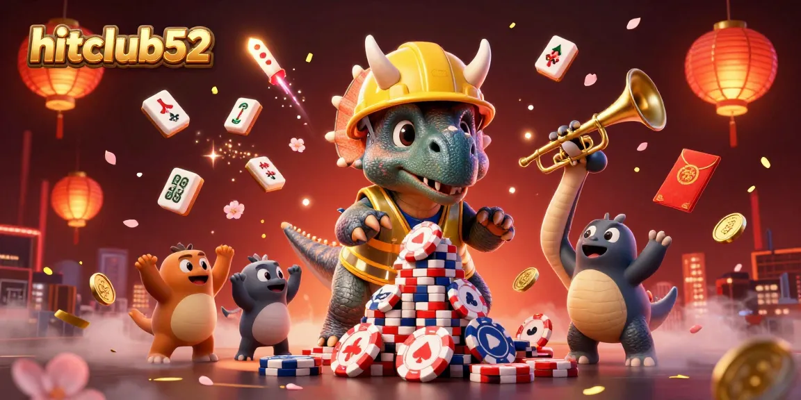 Experience dynamic 3D casino fun at hitclub52 with cheerful characters celebrating amid poker chips and festive elements.