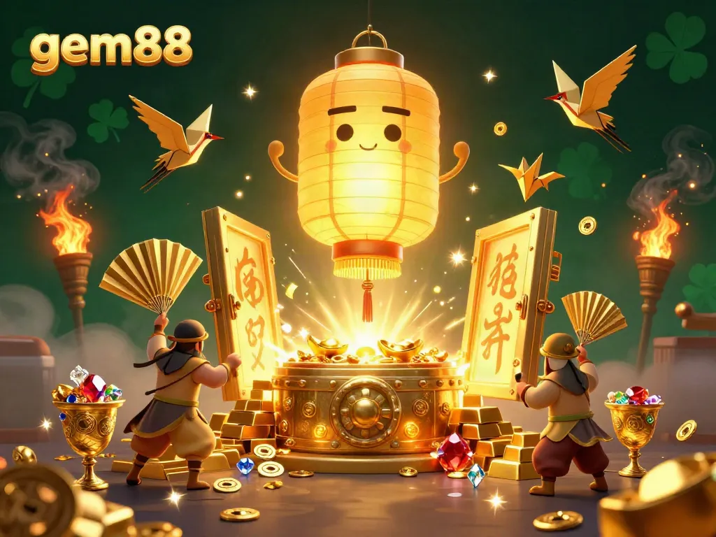 Experience the vibrant magic of gem88 at a colorful night market casino, adorned with golden symbols and treasures.