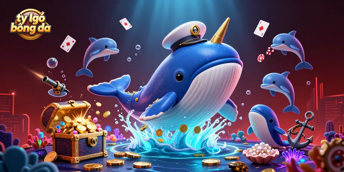 Engage with tỷ lệ bóng đá as a playful whale and dolphin explore a treasure-filled sea.
