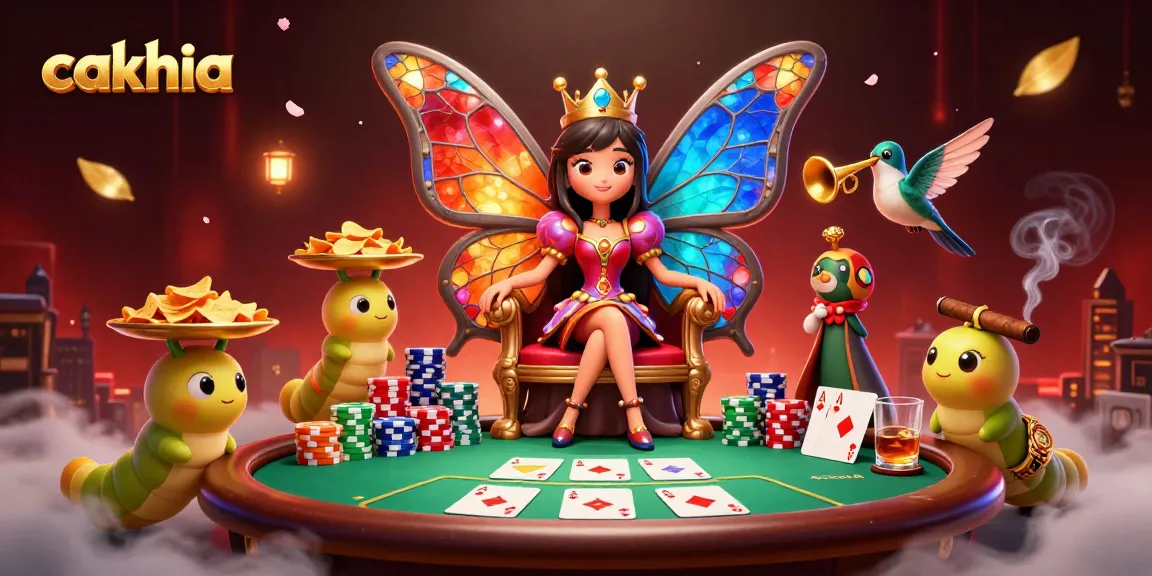 Cakhia’s vibrant gambling scene showcases a whimsical butterfly queen, poker elements, and dynamic action.