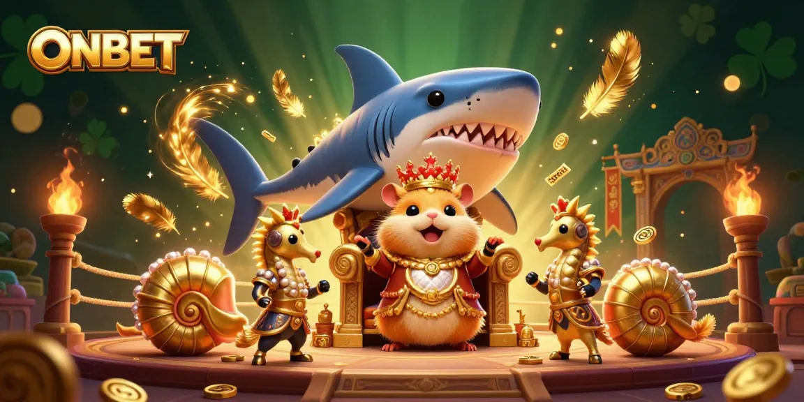 Experience the thrill of ONBET with dynamic gambling action featuring a hamster king on a shark throne.