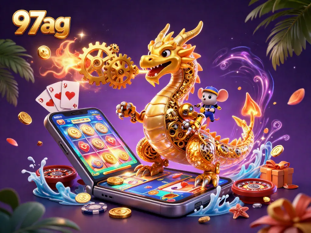 Engage with 97ag in this vibrant 3D scene featuring dynamic casino elements and a golden dragon.