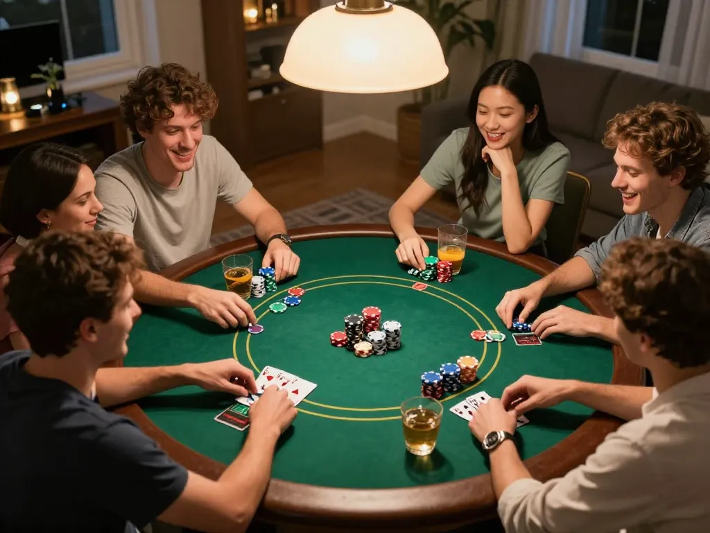 Engaged players enjoying a home poker night with slot88 action and colorful chips.