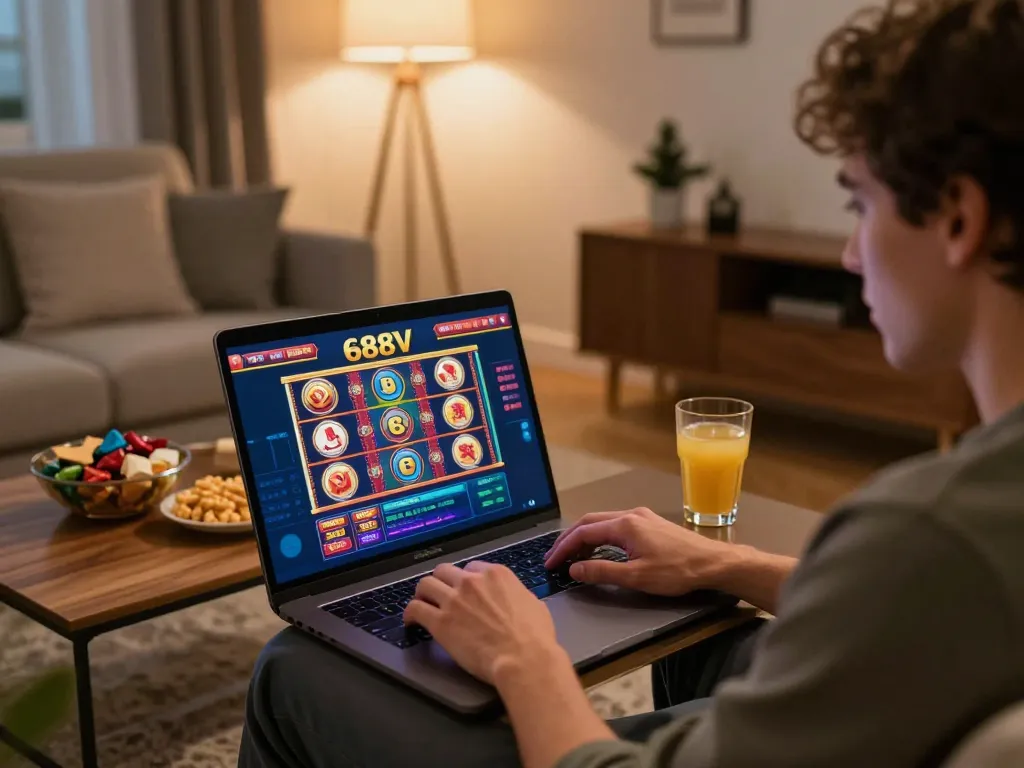 Player engaging with 688V's online casino on a laptop in a cozy home setting, conveying excitement and strategy.