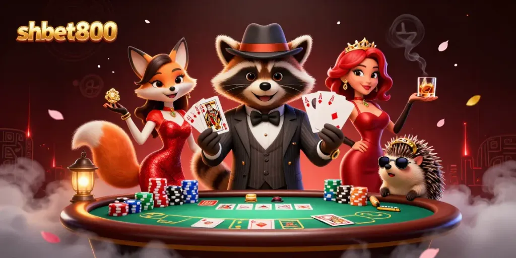 Dynamic casino scene showcasing shbet800 with a raccoon holding a royal flush at the poker table.