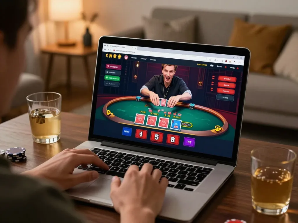 Player enjoying blackjack game on 75W online casino platform from home, engaging and stylish setup