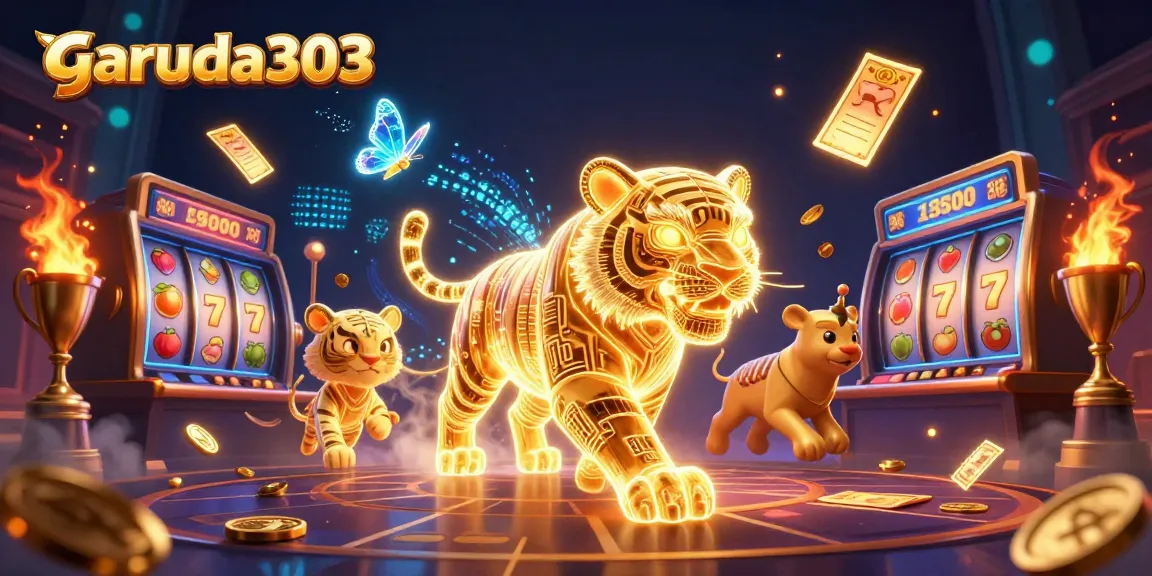 Engage with garuda303 in a vibrant casino scene featuring a golden tiger amidst slot reels and betting slips.