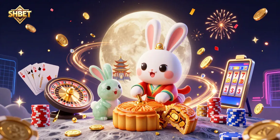 SHBET engages in fun with vibrant golden moon rabbit, dynamic casino elements, and festive energy.