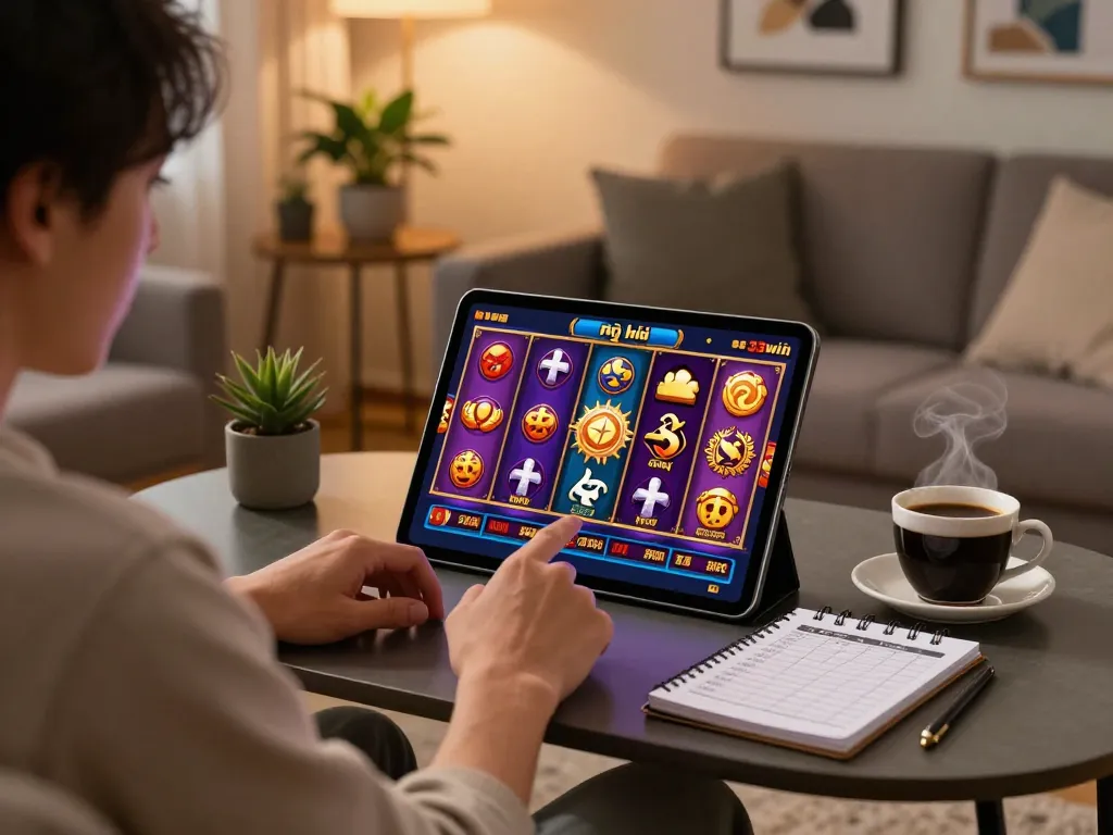 Engaging in nổ hũ 33win online slot gameplay on a tablet in a warm, inviting living room setting.