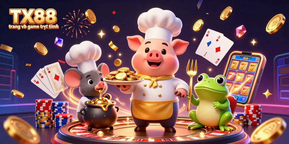 Engage with fortune on TX88 trang web game trực tuyến featuring vibrant casino characters amidst cascading treasures.