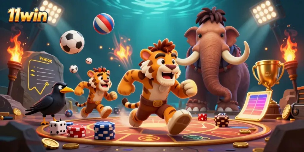 Experience thrilling gaming action with 11win's vibrant casino scene featuring dynamic sports elements.