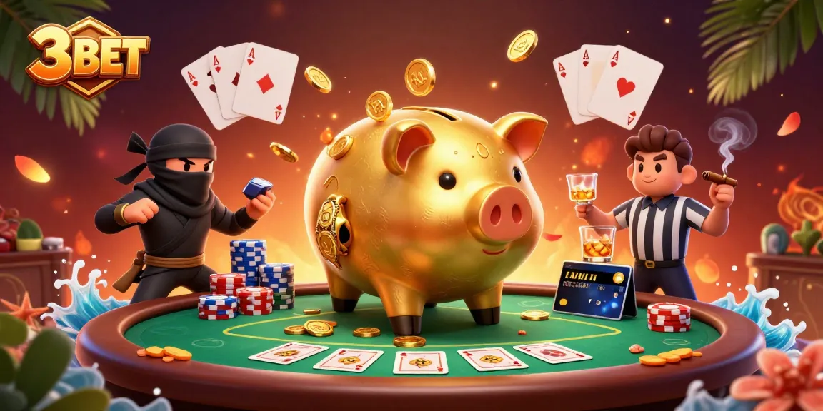Engage with 3 BET's dynamic casino scene featuring playful characters amidst poker action.