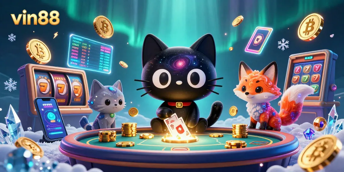 Experience the excitement of vin88's cosmic casino with a black hole cat and nebula fox amidst floating crypto elements.