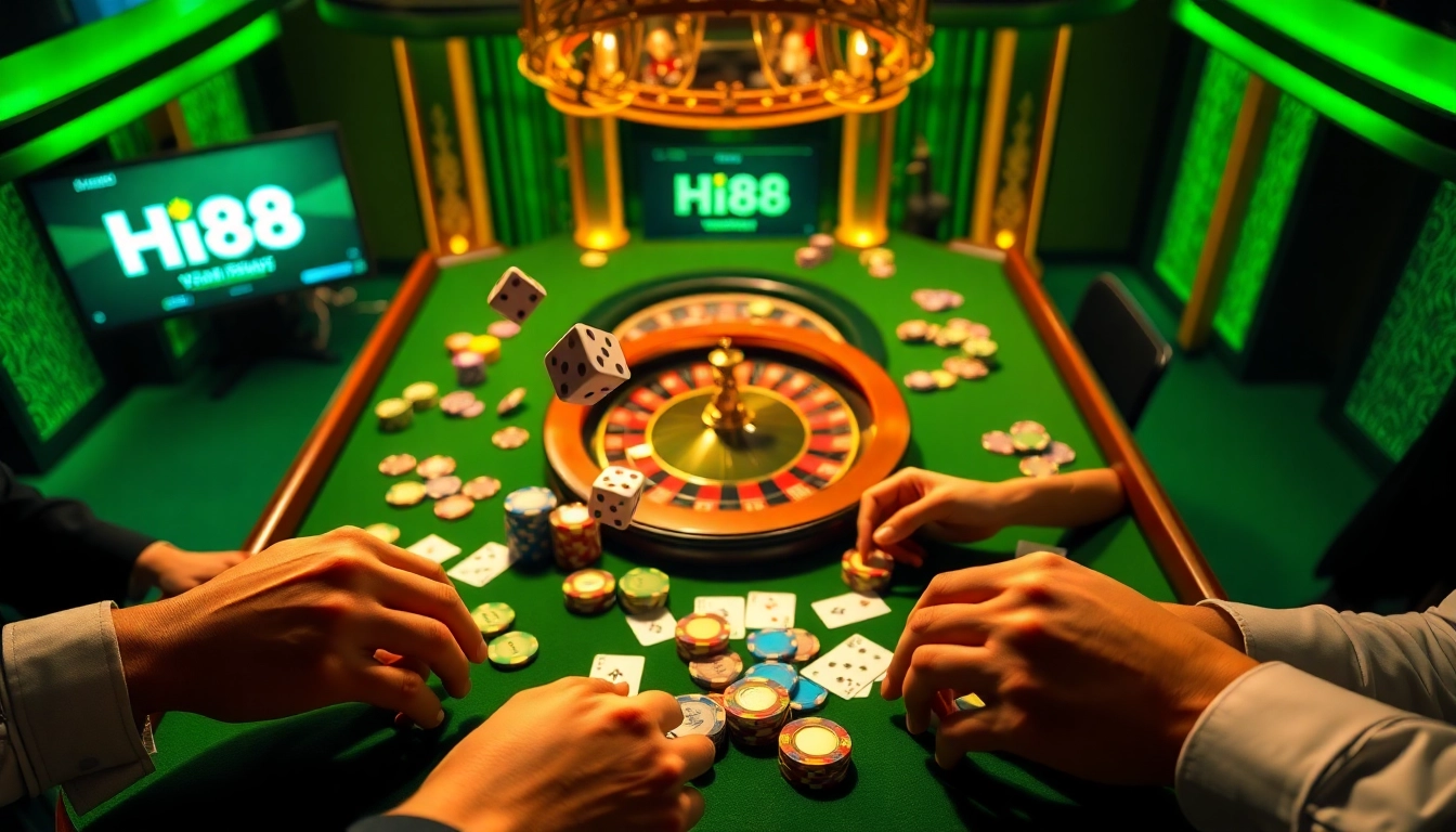 Players enjoying a thrilling poker game at Hi88 casino, showcasing engaging gameplay and vibrant betting elements.