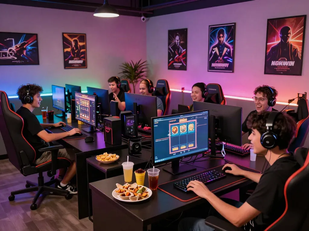 Nohuwin gaming lounge with players engaged in vibrant online slots gameplay