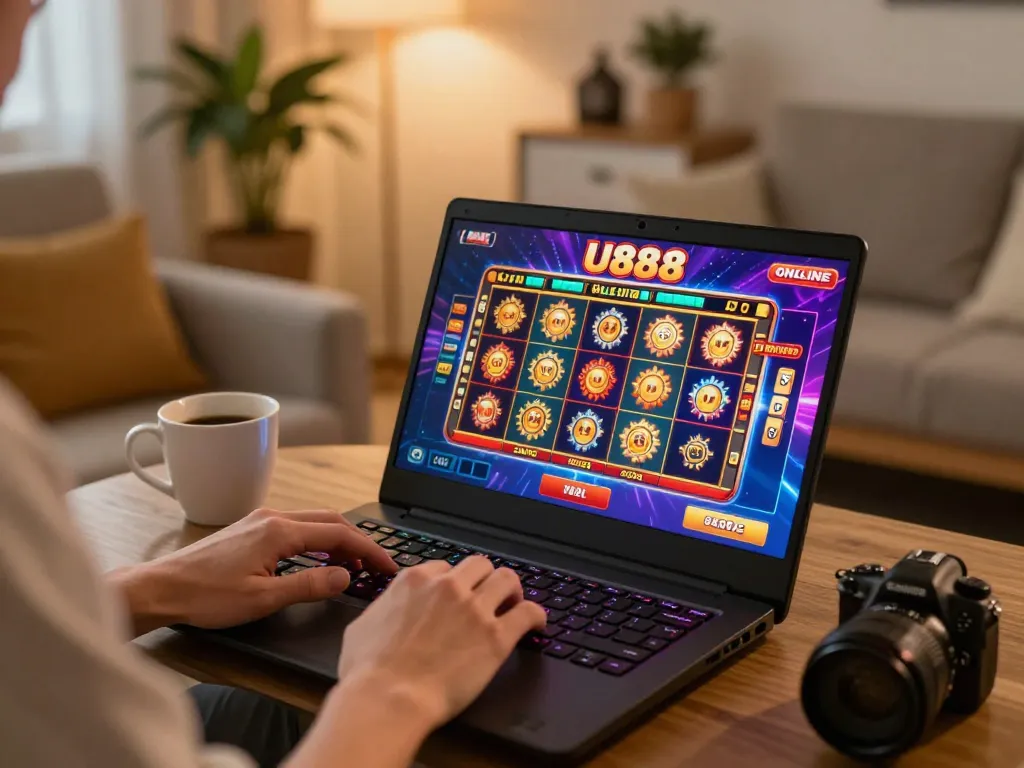 Engage with U888 online casino gameplay on a laptop in a cozy home setting.