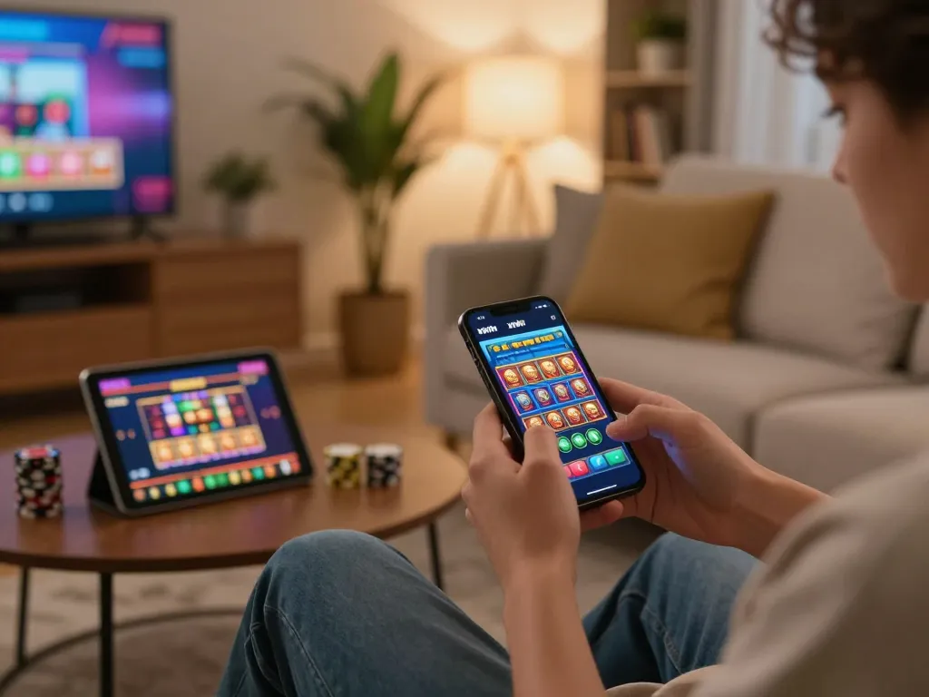 Xwin mobile app gameplay on a smartphone in a cozy living room setting