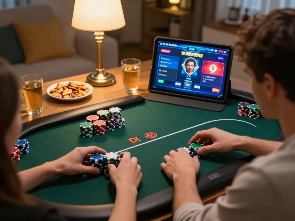 888NEW player engaging in an online poker game on a tablet, focused excitement in a cozy home setting.