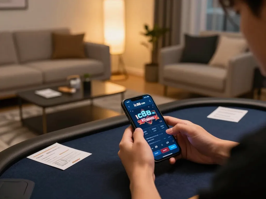 Engaging in online gaming on lc88 com with a smartphone, showcasing a cozy home environment.