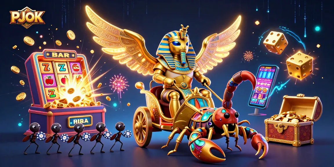 PJOK offers thrilling casino experiences with a golden scarab and treasure-packed jackpot scene.