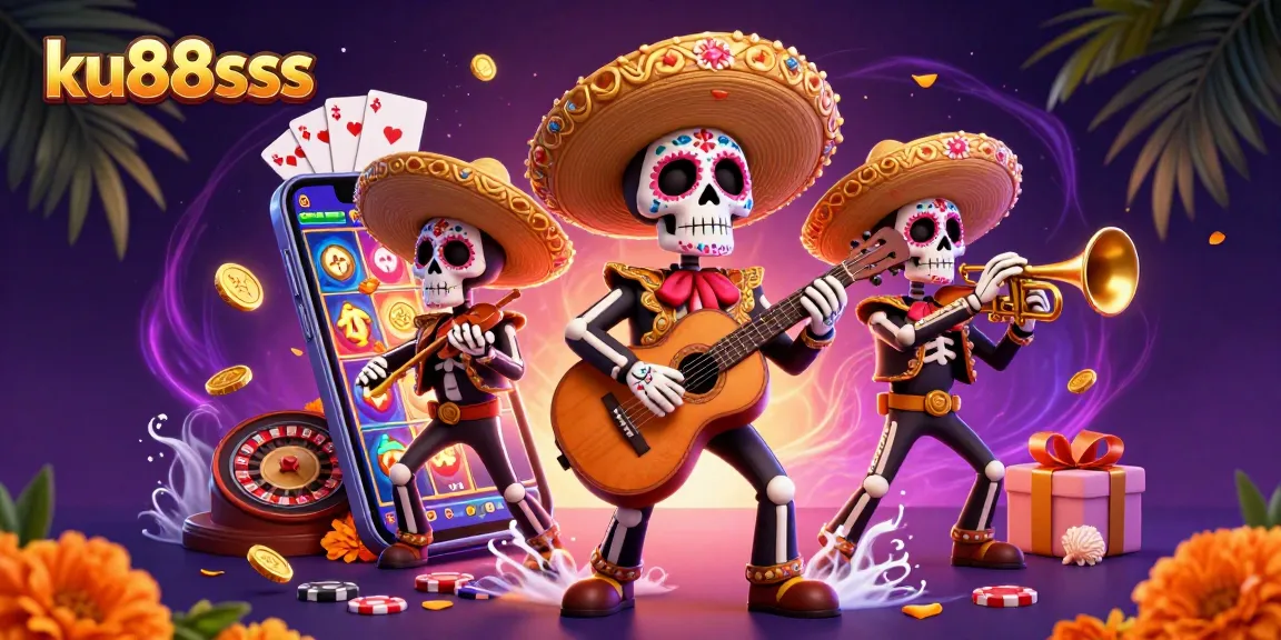 Engage in thrilling gaming with ku88sss through vibrant slot games and festive skeleton mariachi band.