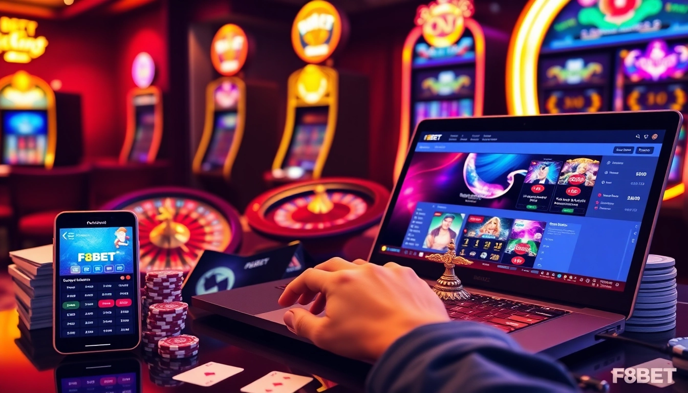 Engage with F8BET online as a player enjoys casino games on a sleek setup filled with chips and cards.