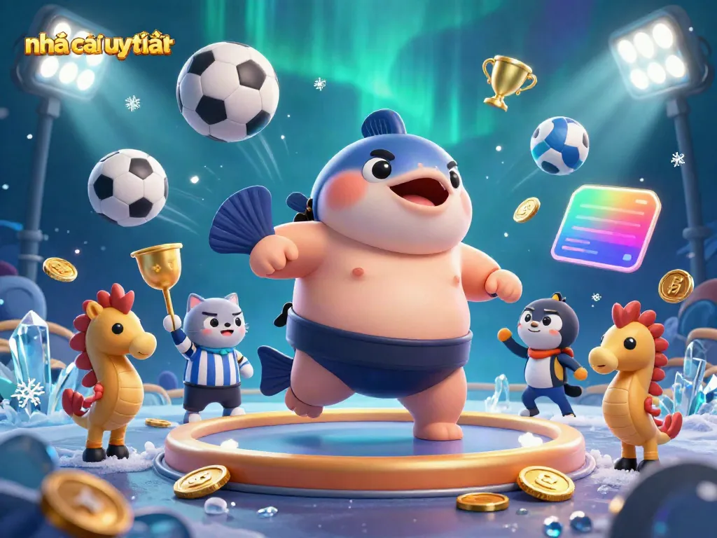 Engaging scene showcasing nhà cái uy tín featuring a fugu wrestler in an underwater arena, sports elements scattered dynamically.