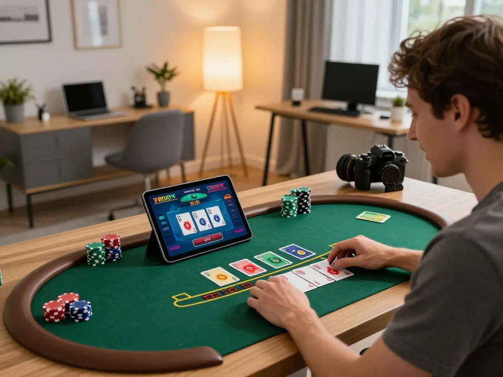 Engaging in a live dealer game on kjc, showcasing strategic betting and cozy home atmosphere