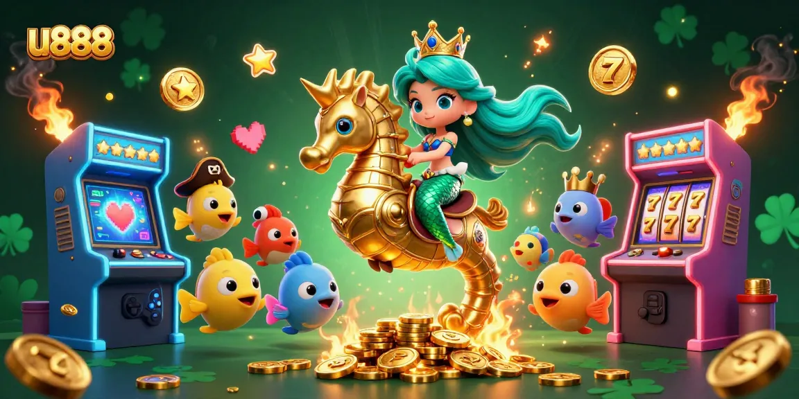 Experience the excitement of u888 with a colorful casino-themed 3D illustration featuring games and adventure.
