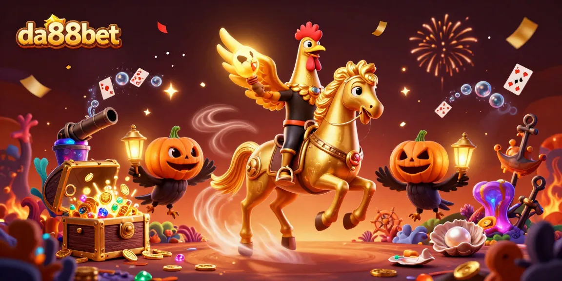 Engage with the da88bet golden rooster and friends in an exciting casino adventure, surrounded by treasures.