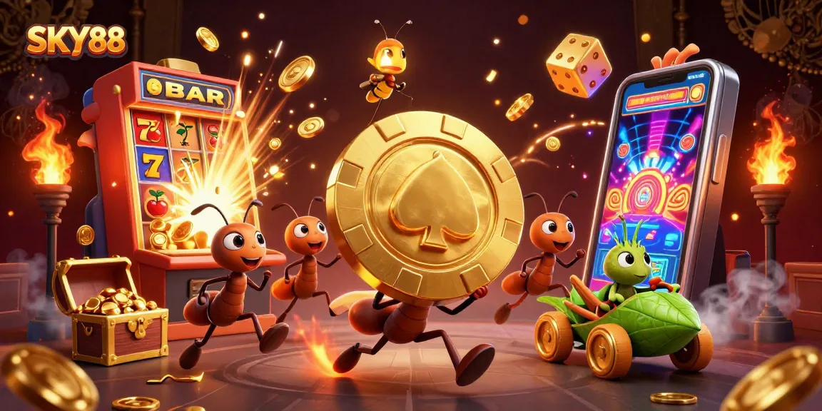 SKY88 brings excitement as ants carry a giant poker chip in this vibrant casino illustration.