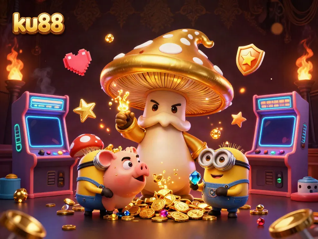 Experience winning treasures with ku88's vibrant 3D wizard illustration in a casino gaming realm.