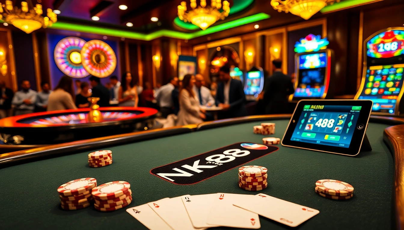 Experience thrilling gameplay at NK88 with luxury casino elements and vibrant gambling action.