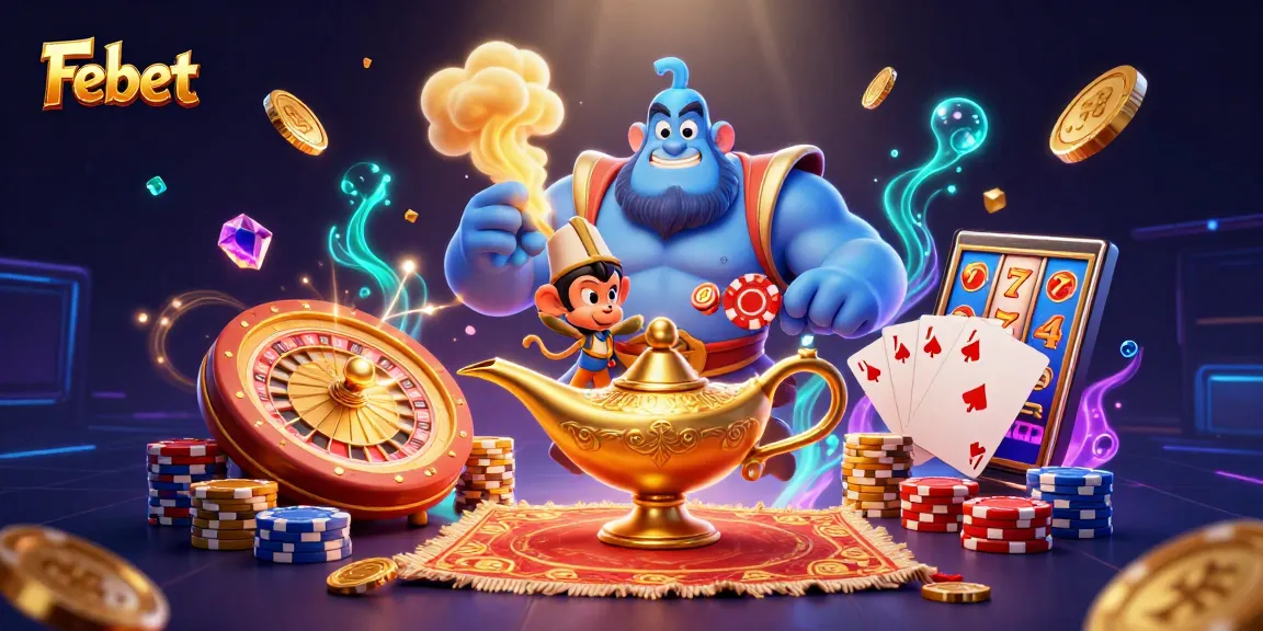 Experience the excitement of Febet with a vibrant 3D casino scene featuring a genie, poker chips, and golden jewels.