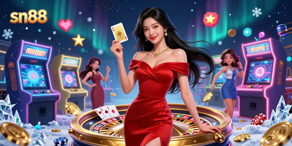 Win with sn88 at the exciting casino scene featuring a confident woman, roulette wheel, and vibrant gaming elements.